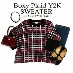 Parsley & Sage Y2K Boxy Twee Windowpane Plaid Cotton Pullover Sweater Size XL